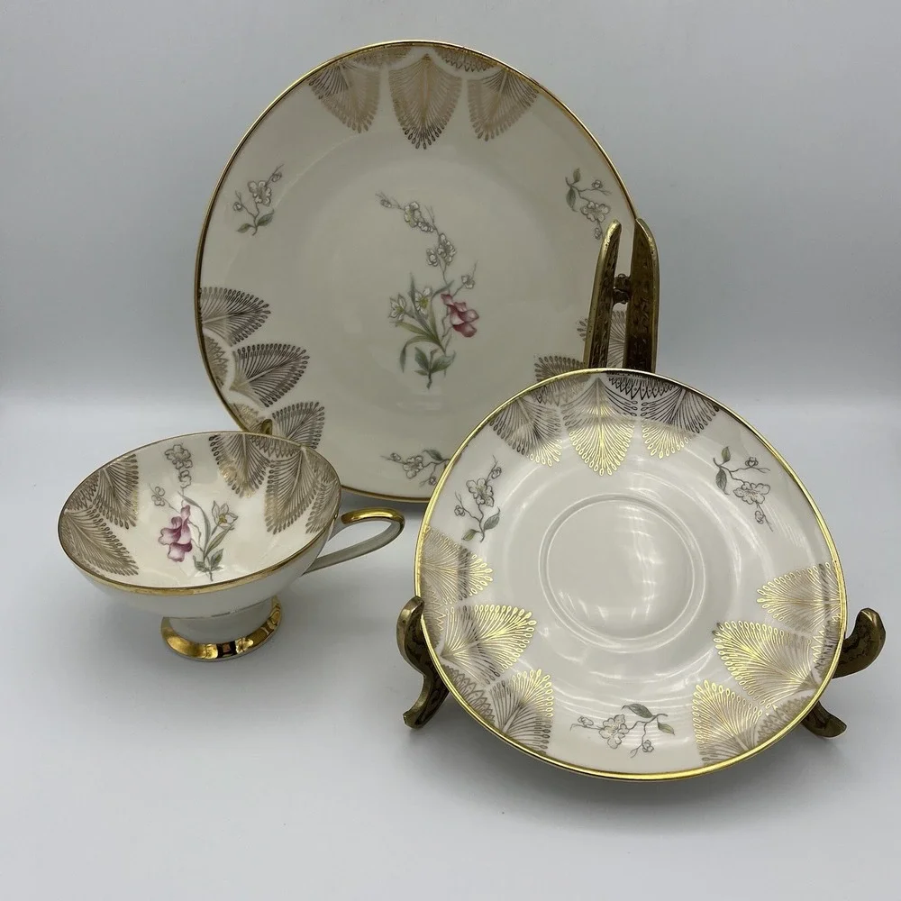 3 Pcs Winterling Roslau Trio Tea‎ Cup Saucer Dessert Luncheon Plate Floral Gold